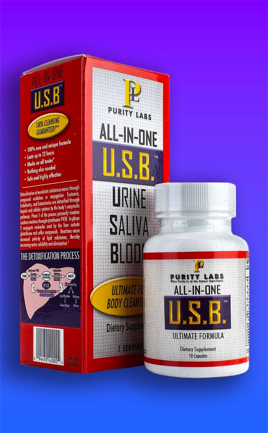 U.S.B. Purity Labs All-in-One USB detox bottle with capsules for temporary detox support.