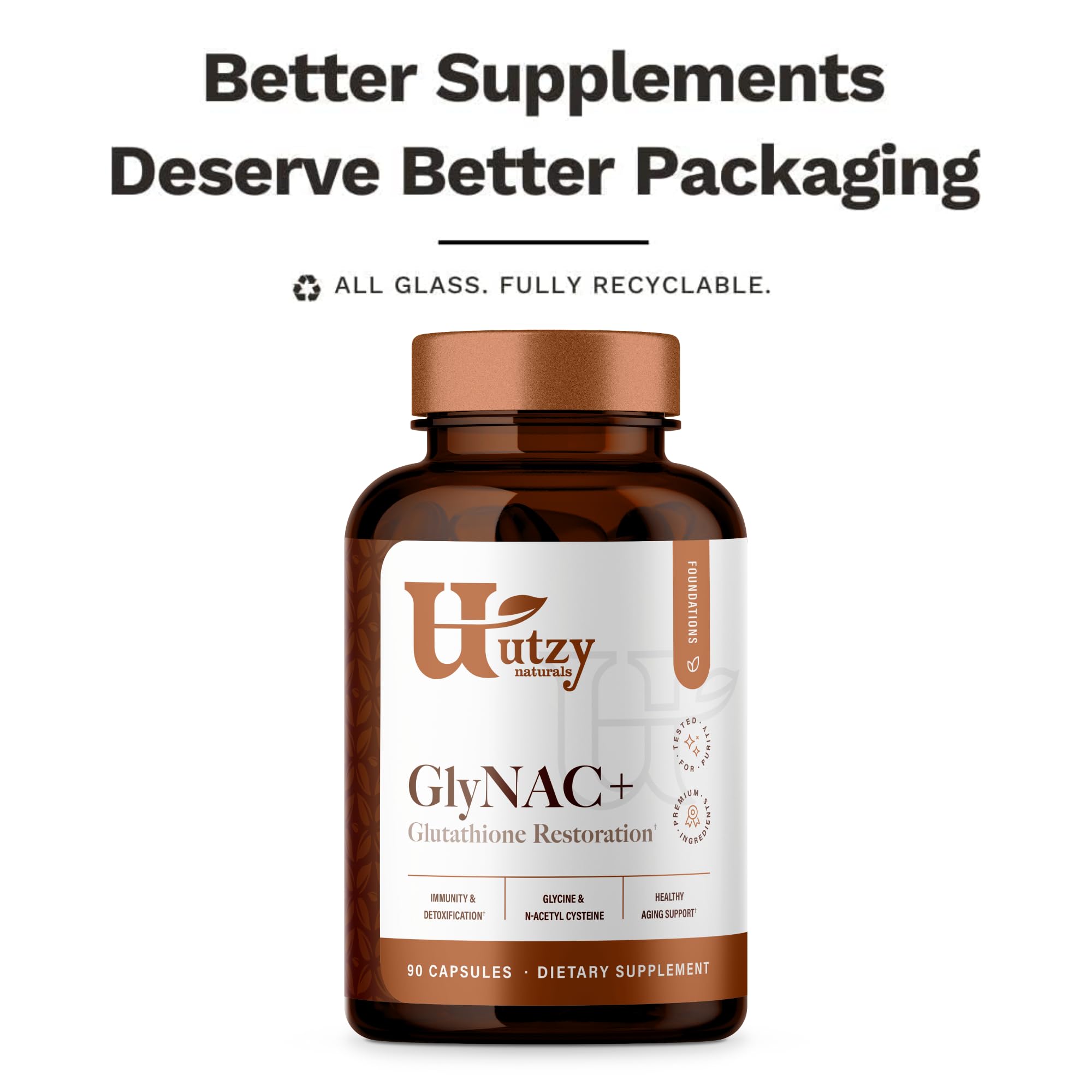 Utzy Naturals GlyNAC+ bottle on store shelf with wellness visuals