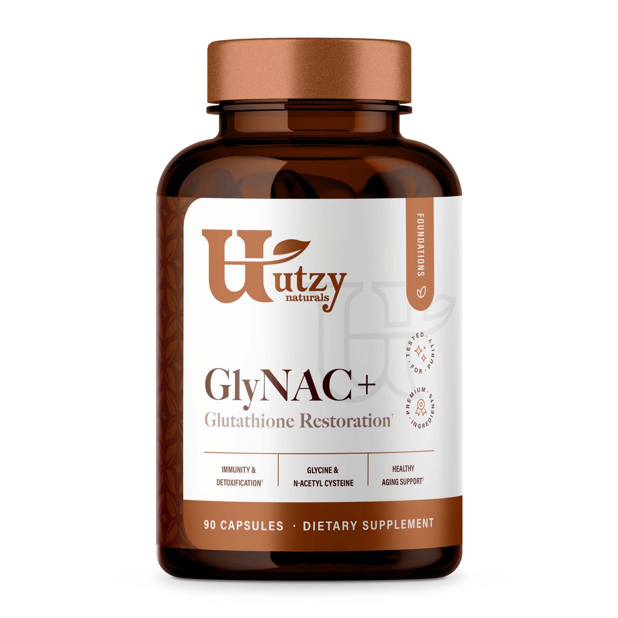 Utzy Naturals GlyNAC+ bottle close-up with capsules for daily antioxidant support