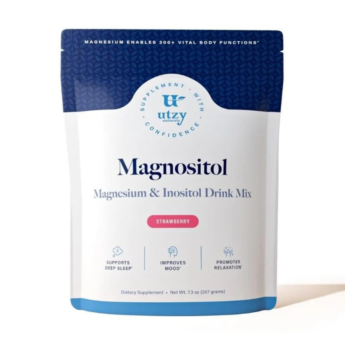Utzy Naturals Magnositol bottle pour demonstrates easy daily relaxation with magnesium glycinate.