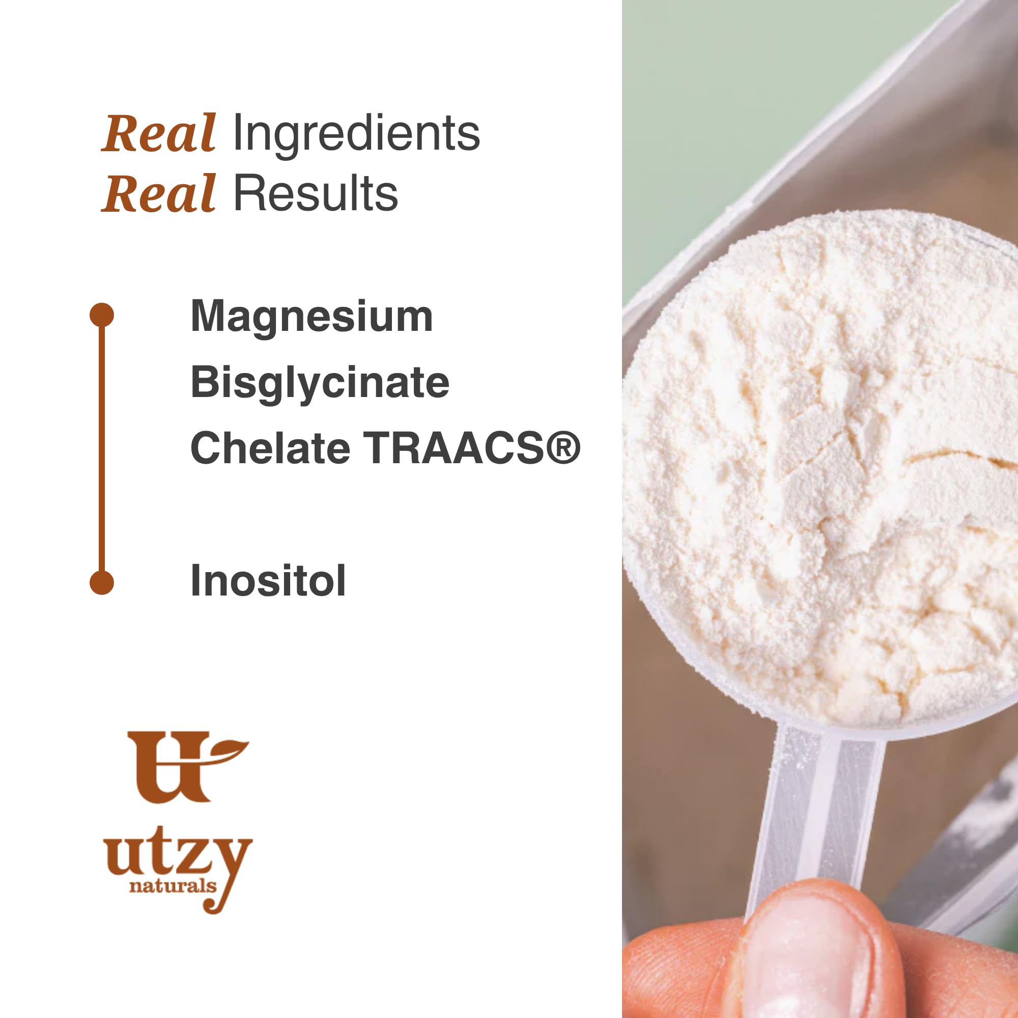 Utzy Naturals Magnositol close-up label conveys purity and GMP-backed quality.
