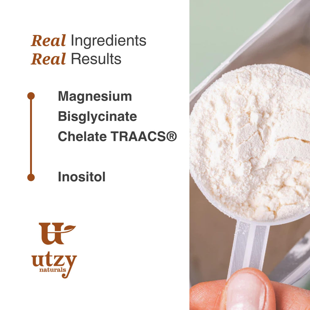 Utzy Naturals Magnositol close-up label conveys purity and GMP-backed quality.
