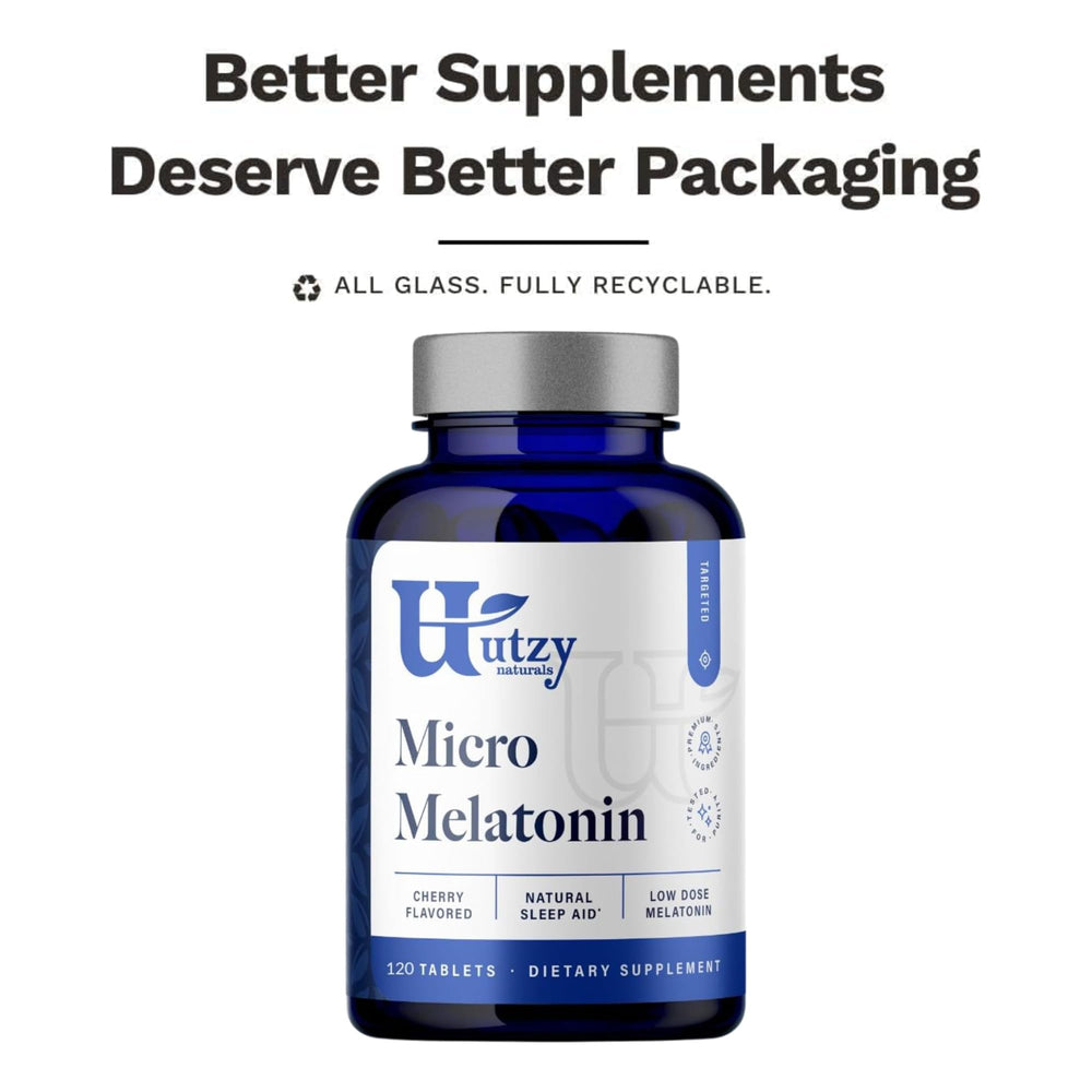 Utzy Naturals Micro Melatonin packaging and 90-day guarantee.