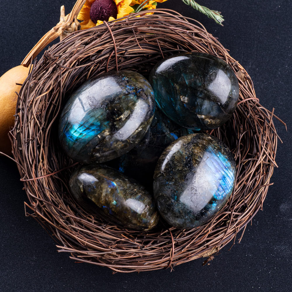 UU UNIHOM Labradorite palm stone handmade with a smooth finish for pocket carry.