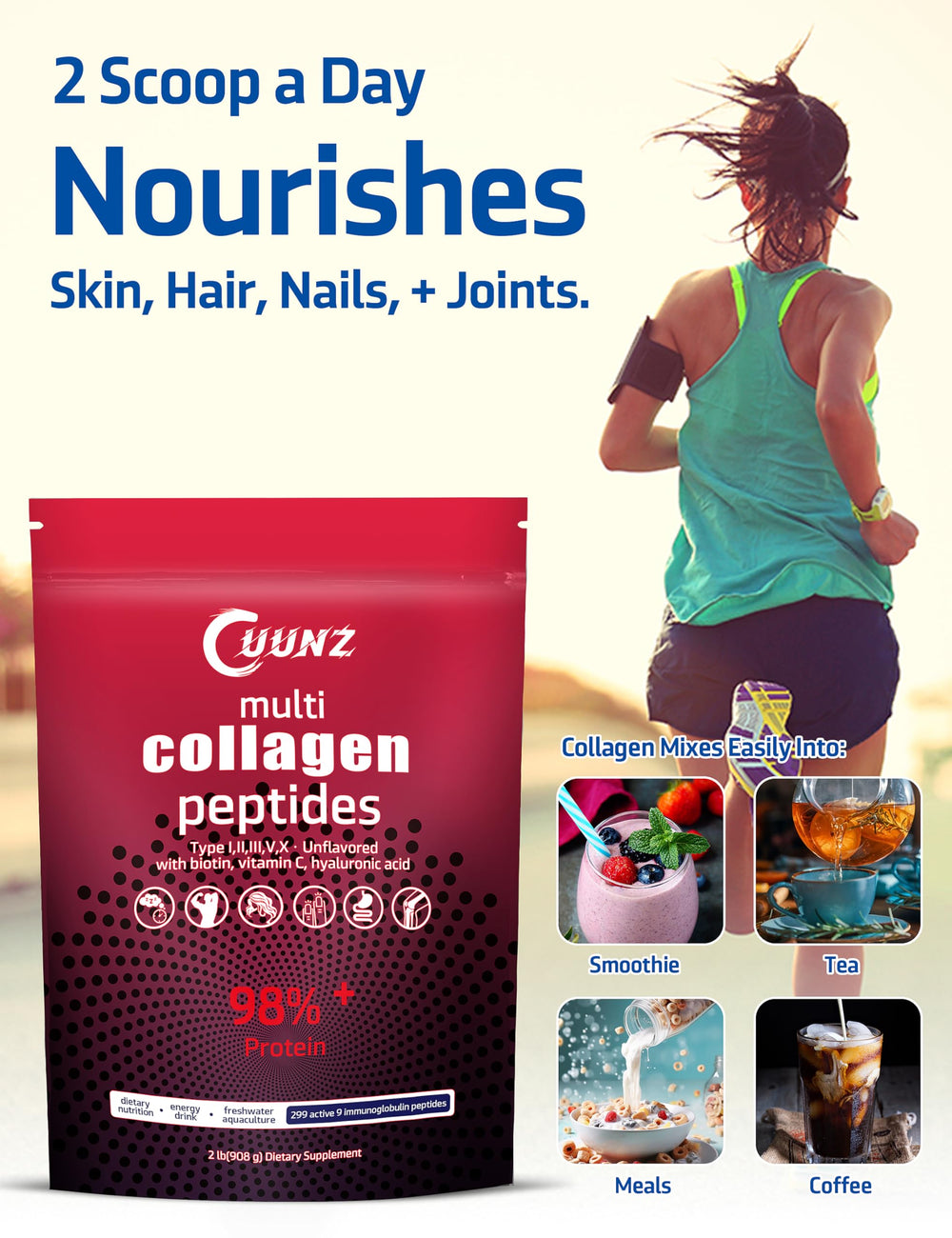 Close-up of packaging for UUNZ Multi Collagen Powder and ingredients.
