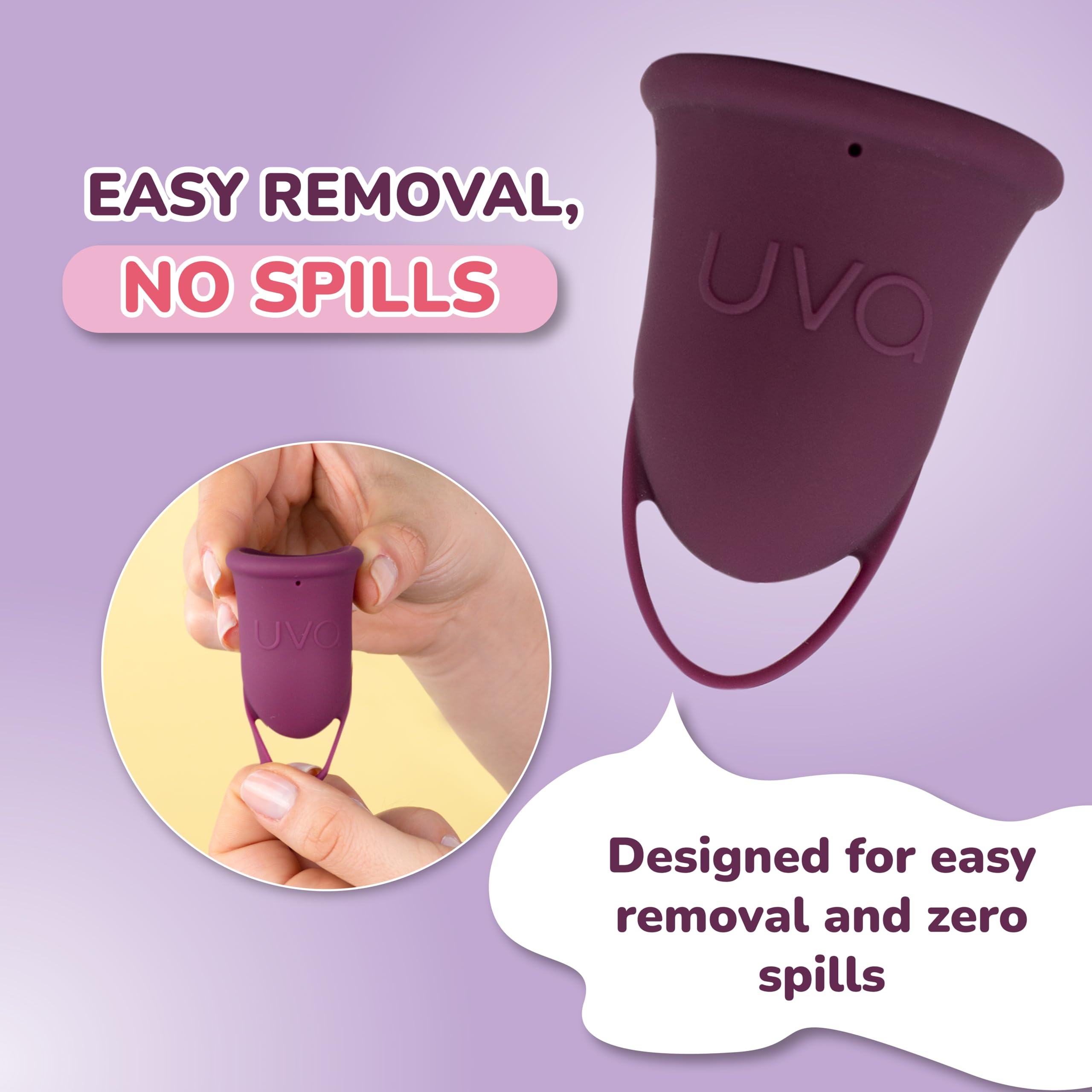 UVA size B heavy-flow cup demonstrates spacious capacity and secure seal.