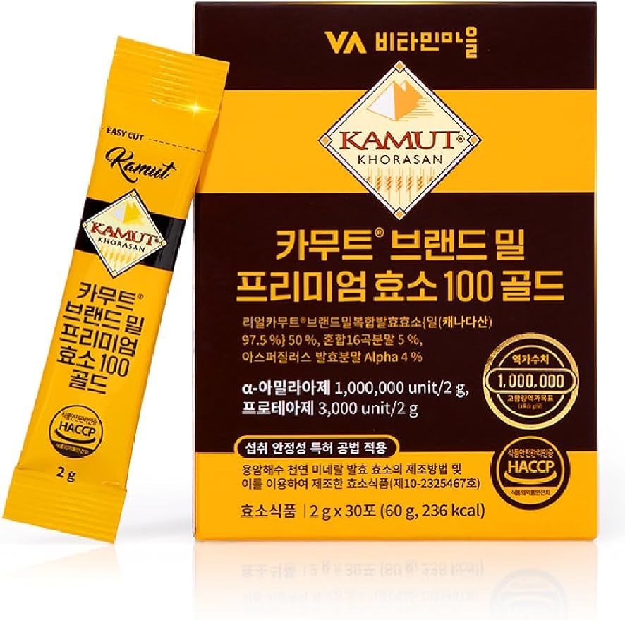 VA Vitamin Village Kamut enzyme stick front view, convenient daily protein boost.