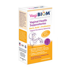 VagiBiom boric acid suppositories packaging highlighting paraben-free formula for vaginal balance.