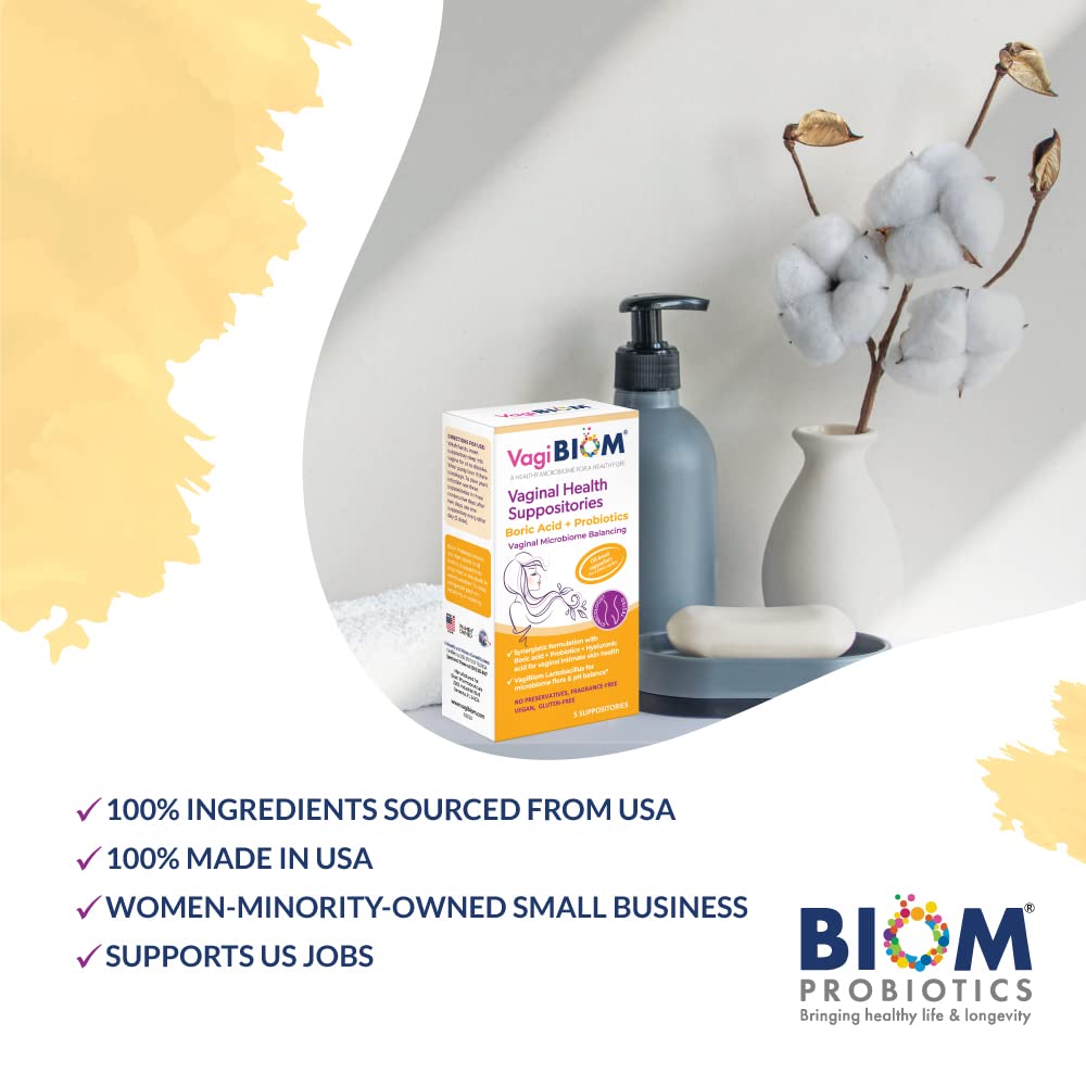 VagiBiom natural vegan formulation label conveys clean, paraben-free ingredients for sensitive skin.