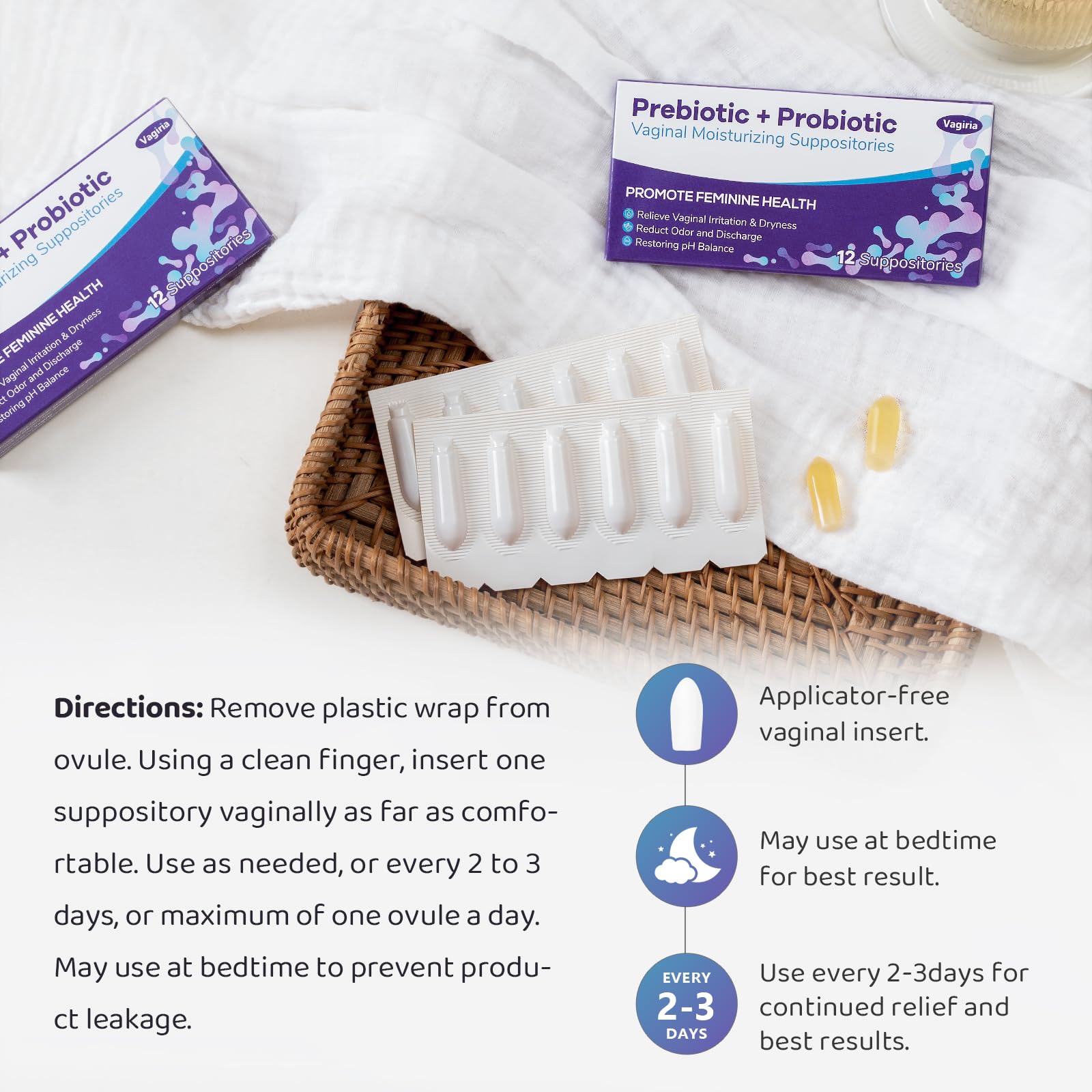Vagiria probiotic strains label emphasizes four vaginal-specific Lactobacillus for balance.