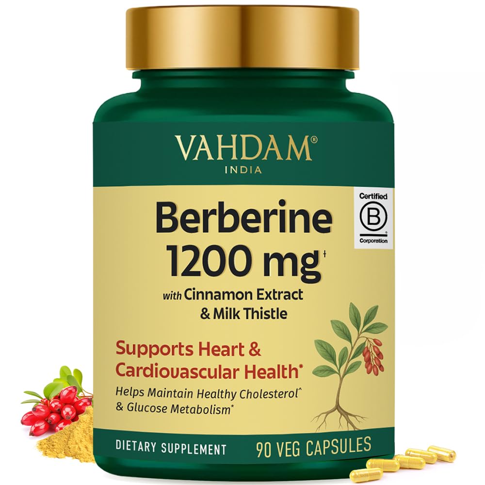 VAHDAM Berberine 1200mg bottle with cinnamon and milk thistle for daily wellness.