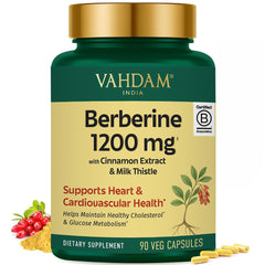 VAHDAM Berberine 1200mg bottle with cinnamon and milk thistle for daily wellness.