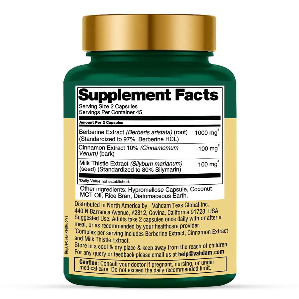 Close-up of VAHDAM Berberine capsules highlighting vegan, filler-free formula.