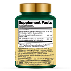 Close-up of VAHDAM Berberine capsules highlighting vegan, filler-free formula.