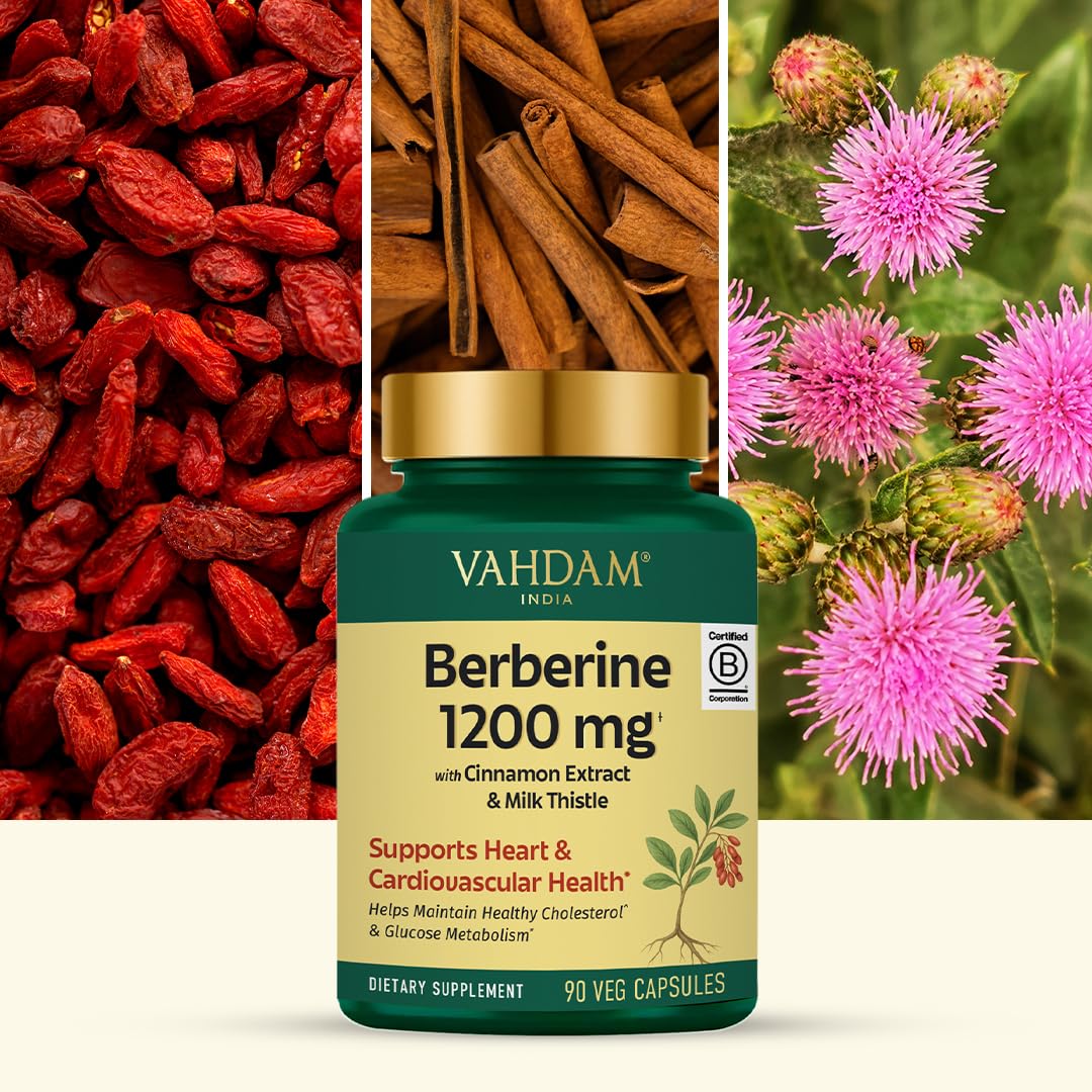 VAHDAM Berberine bottle shows cinnamon extract for improved bioavailability.