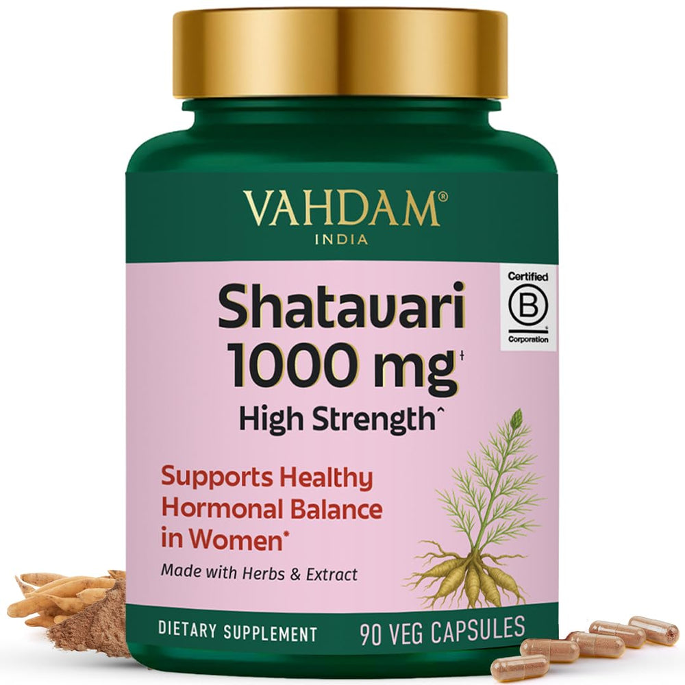 VAHDAM Shatavari capsules 1000mg bottle highlighting premium herbal balance support for women.