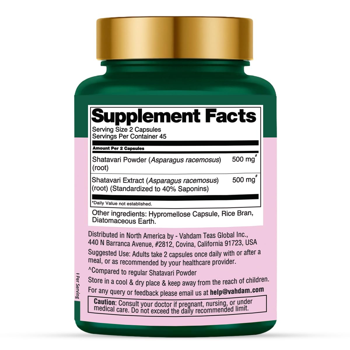 VAHDAM Shatavari capsules ingredient breakdown featuring Shatavari extract for women's wellness.