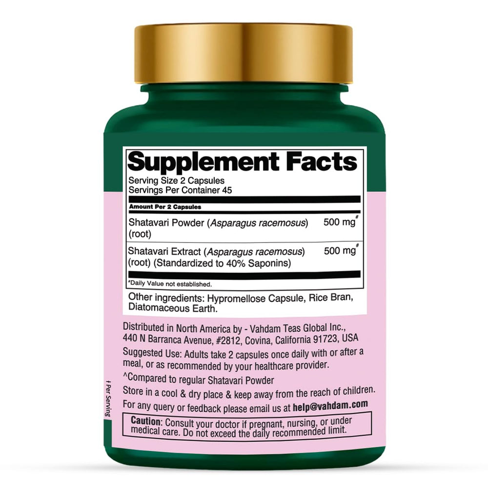 VAHDAM Shatavari capsules ingredient breakdown featuring Shatavari extract for women's wellness.