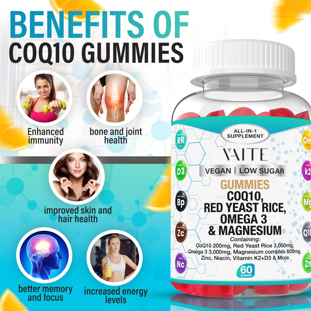 VAITE CoQ10 and red yeast rice gummies pouring for daily wellness routine