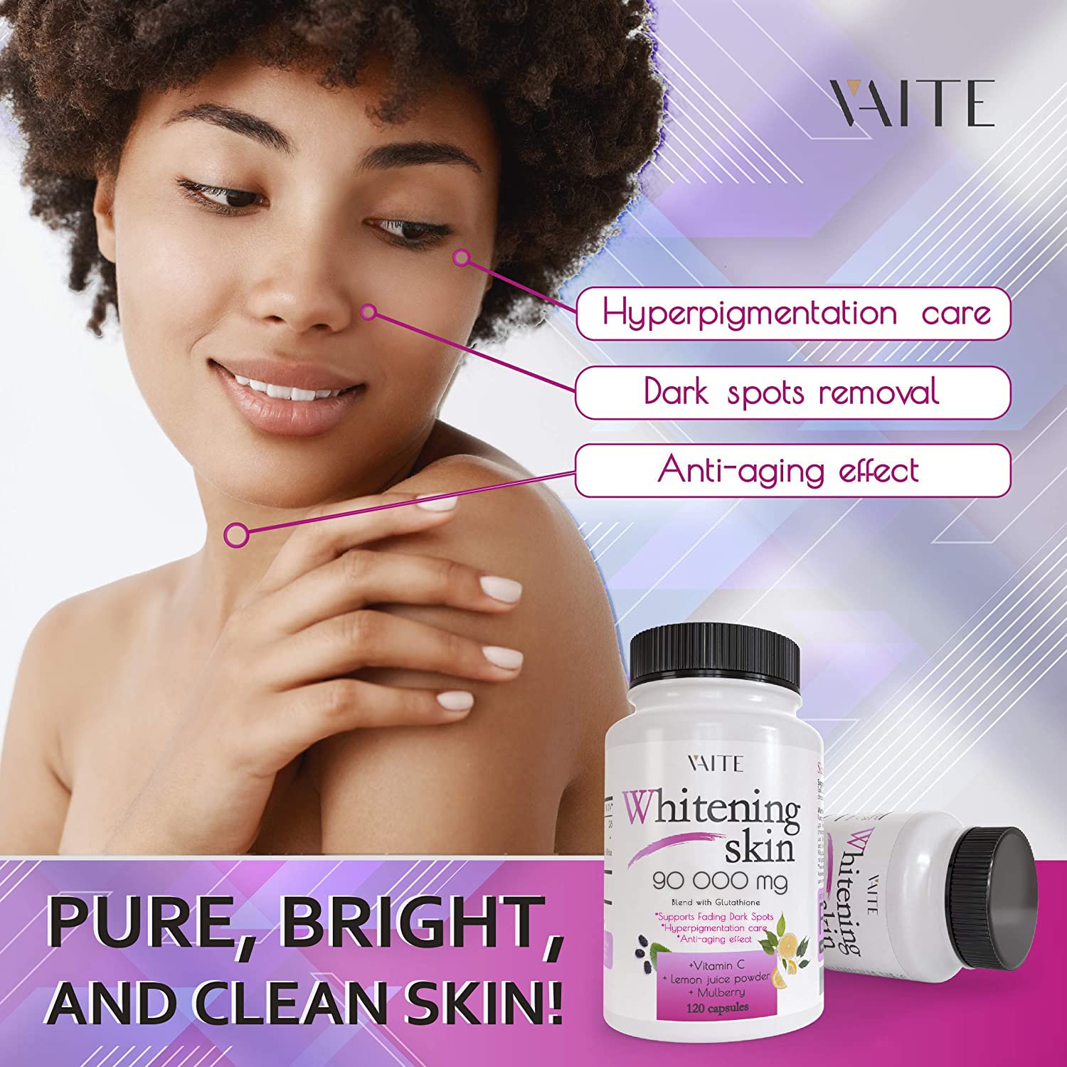 VAITE glutathione pills closeup of capsules emphasizes convenient daily skincare support.