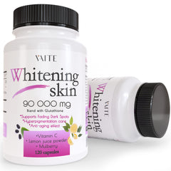 VAITE Glutathione whitening pills bottle showcases vegan formula for radiant skin.