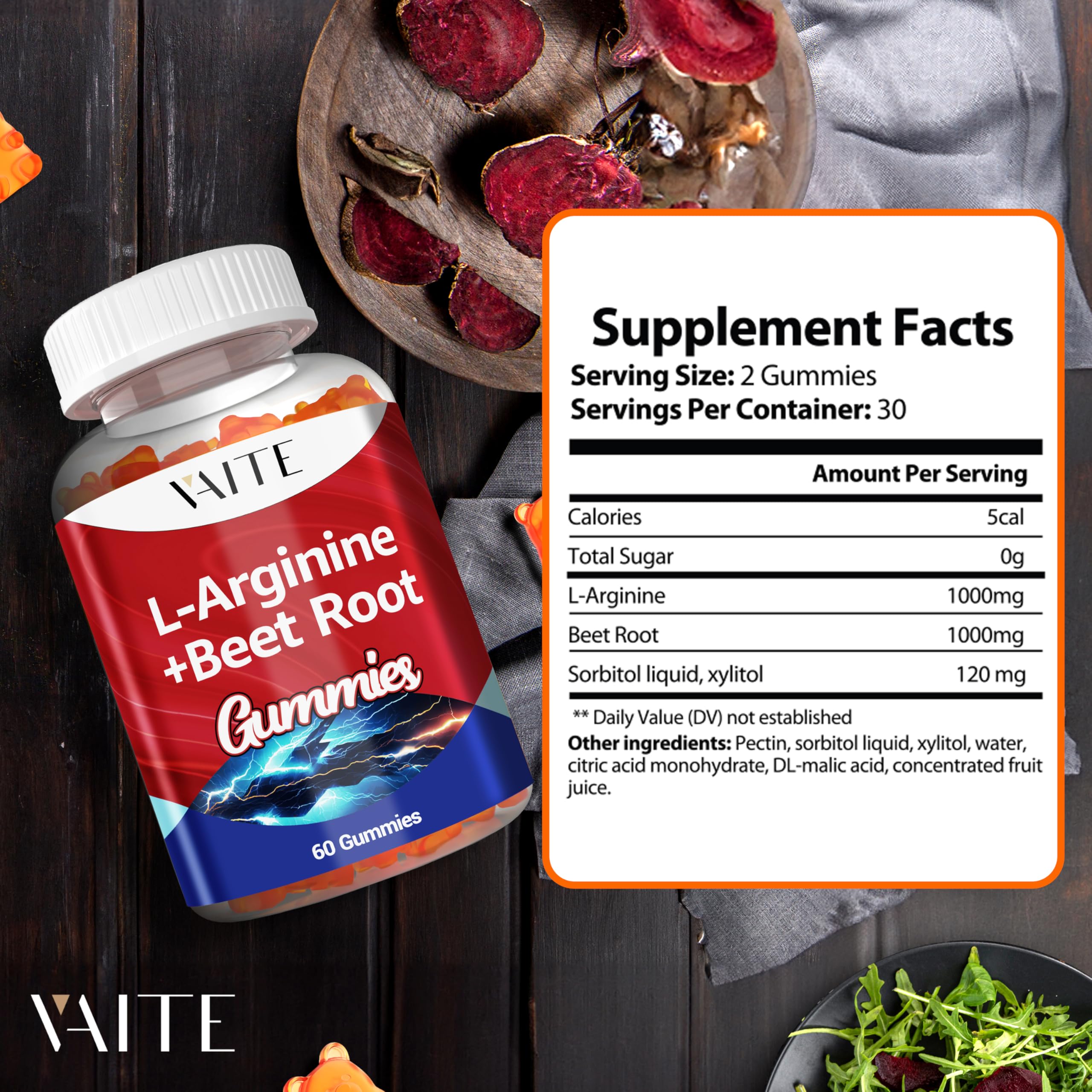VAITE L-Arginine Beet Root Gummies ingredients highlight beet root powder.