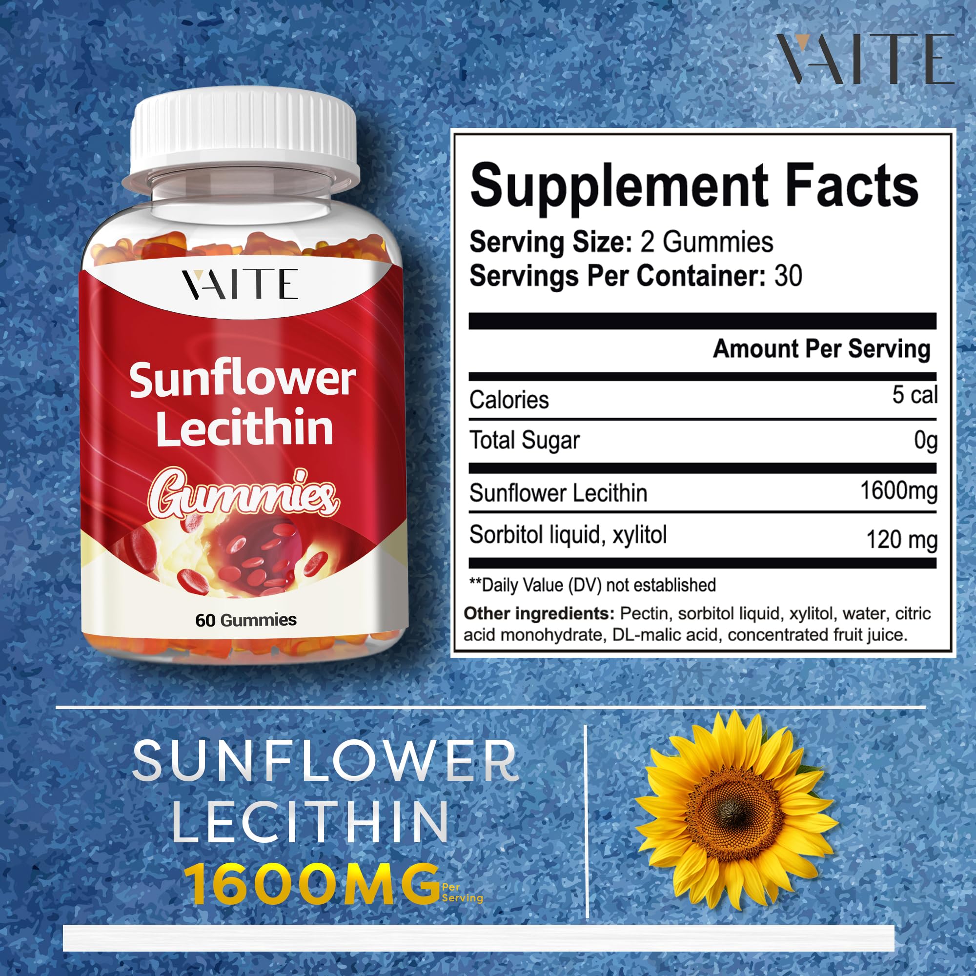 VAITE Sunflower Lecithin Gummies ingredient list showing vegan, non-GMO, soy-free formula