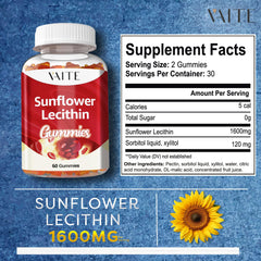 VAITE Sunflower Lecithin Gummies ingredient list showing vegan, non-GMO, soy-free formula