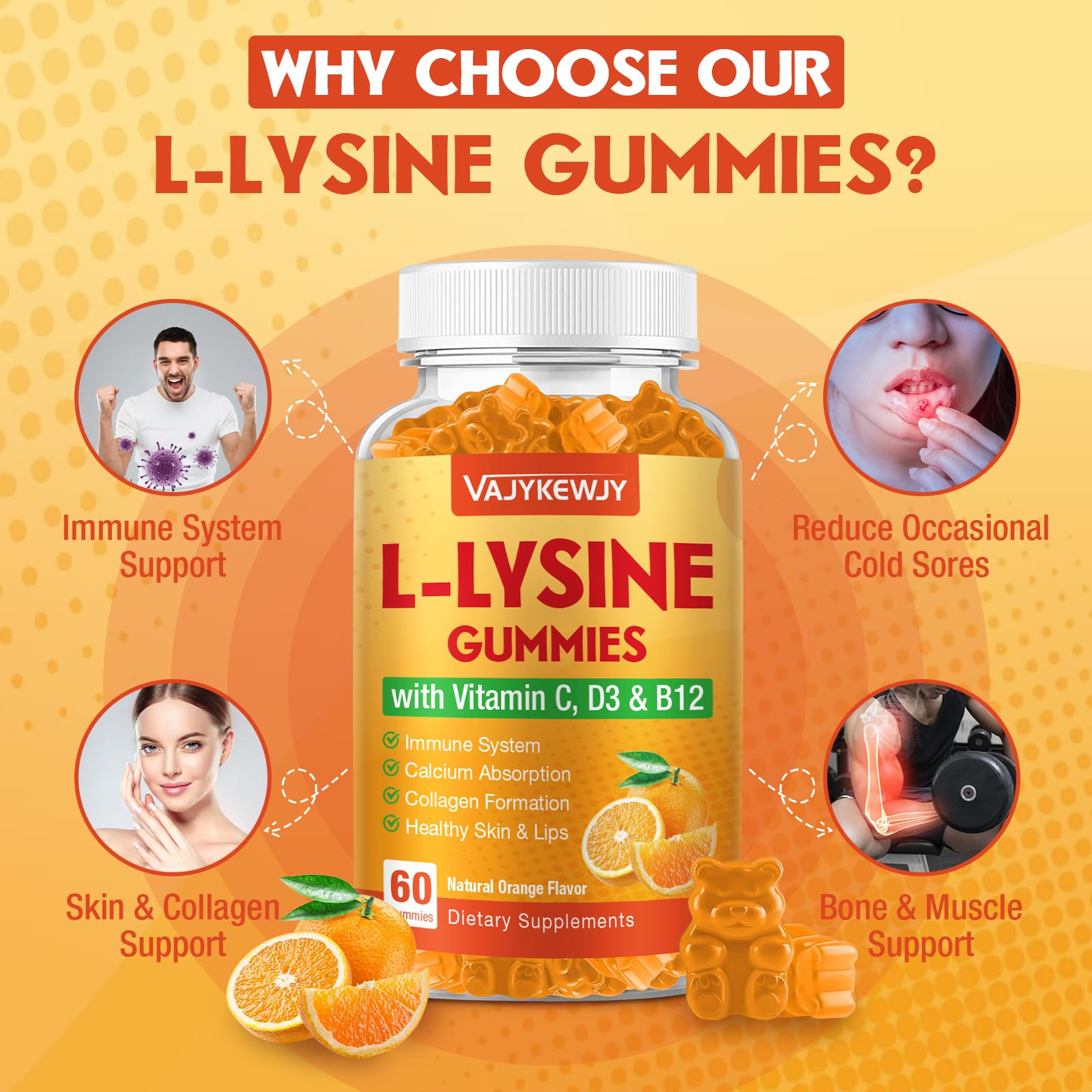 VAJYKEWJY L-Lysine gummies closeup of bite-sized gummies for daily use.
