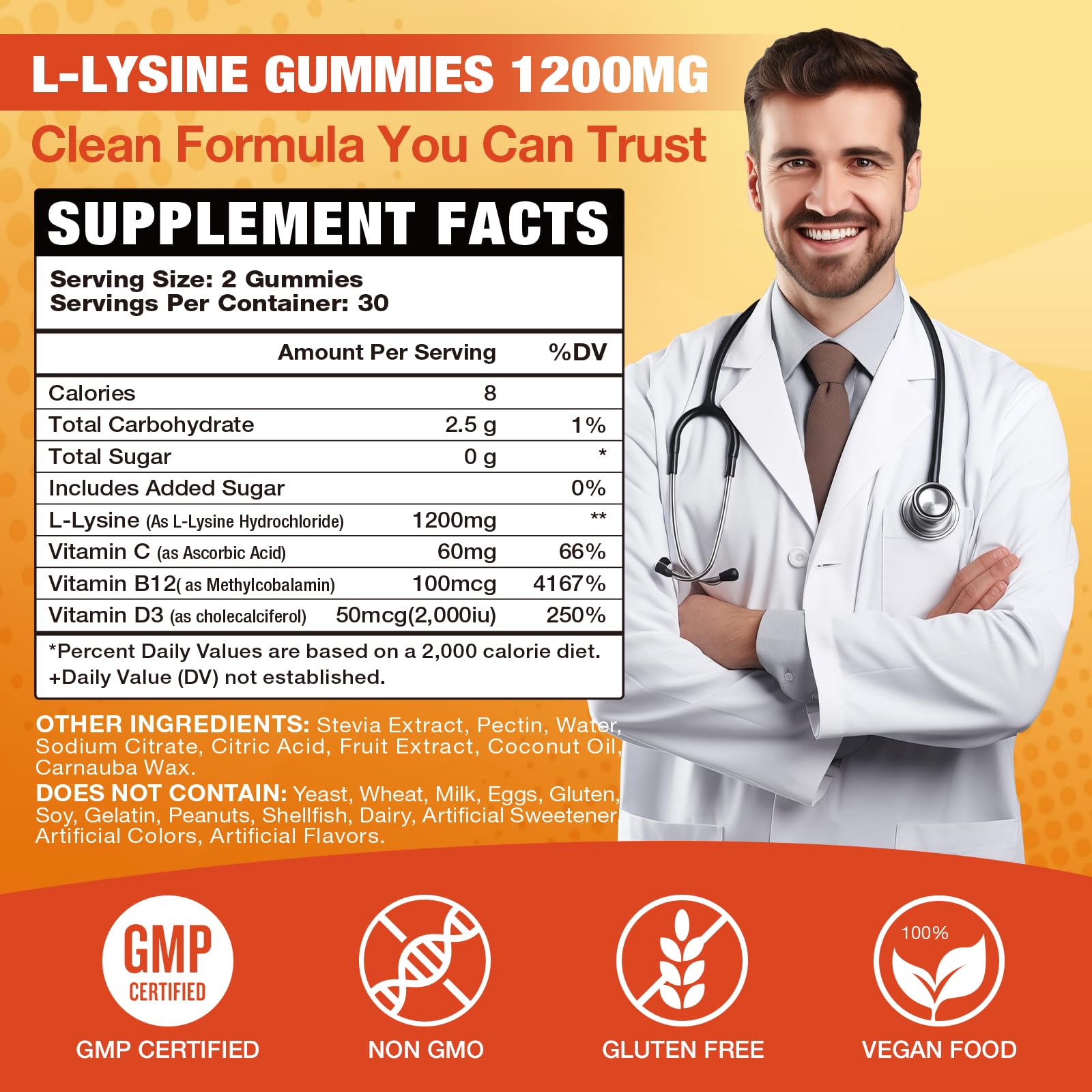 VAJYKEWJY L-Lysine gummies ingredient panel highlights vegan and non-GMO formula.