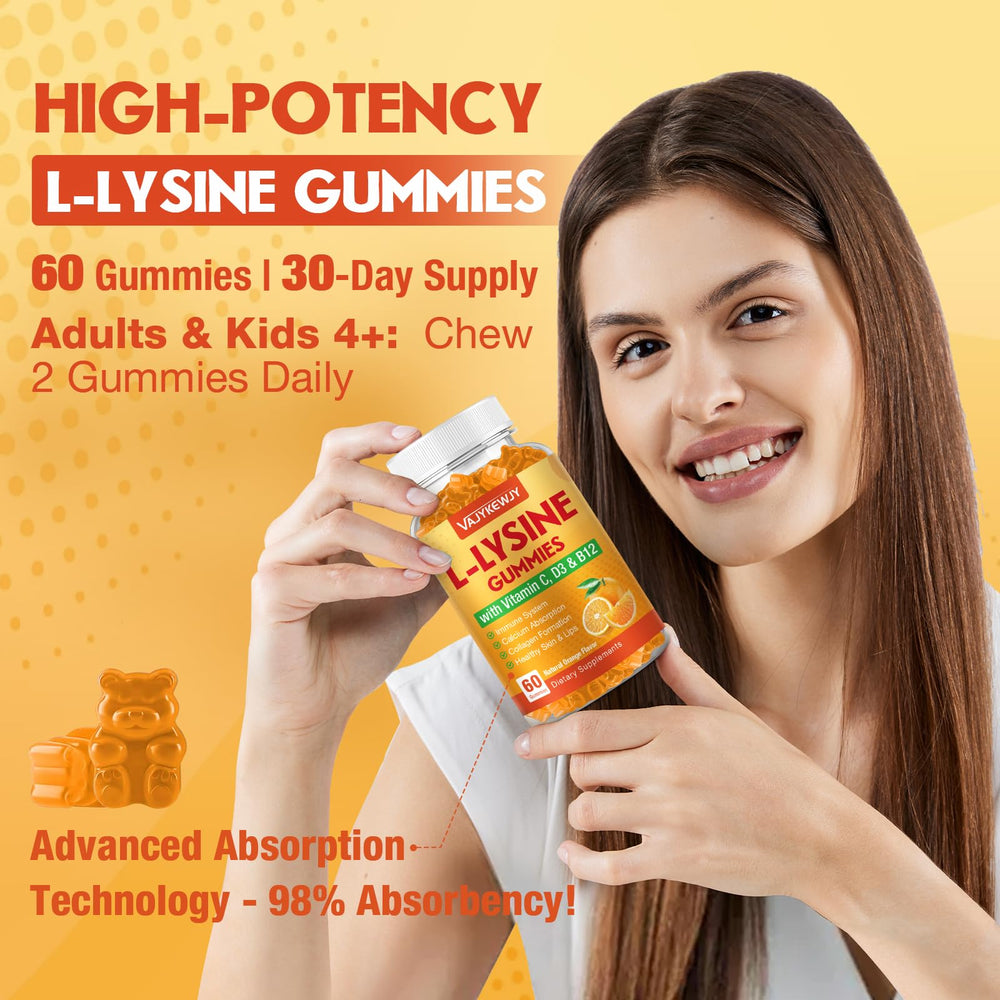 VAJYKEWJY L-Lysine gummies serving suggestion with a glass of water.