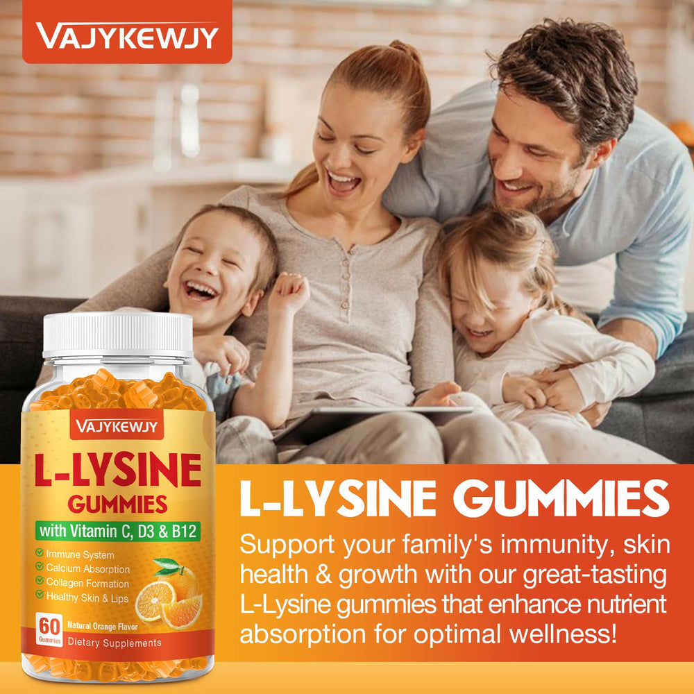 VAJYKEWJY L-Lysine gummies vegan logo and orange flavor icon.