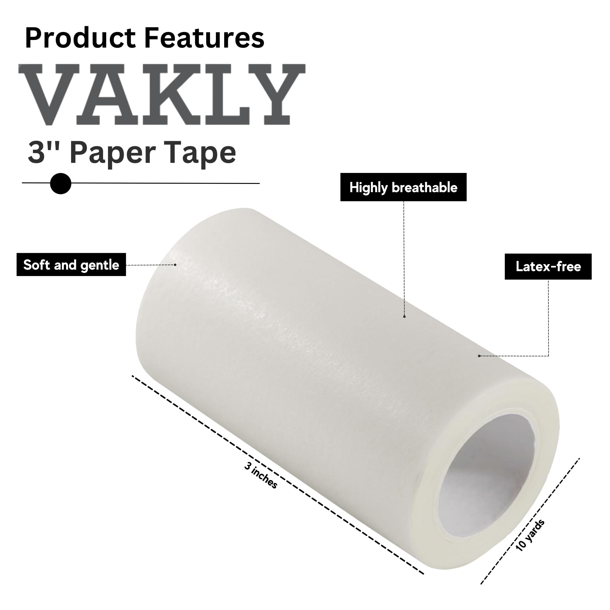 Vakly 3x10 tearable tape offers soft contact with skin and gentle removal.