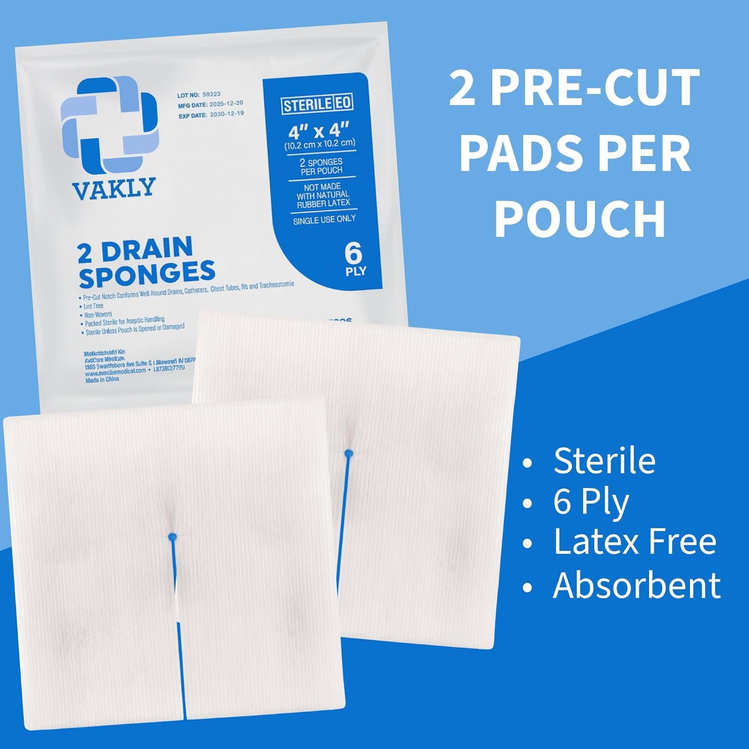 Vakly slit-cut gauze 4x4 demonstrates quick fit around IV lines