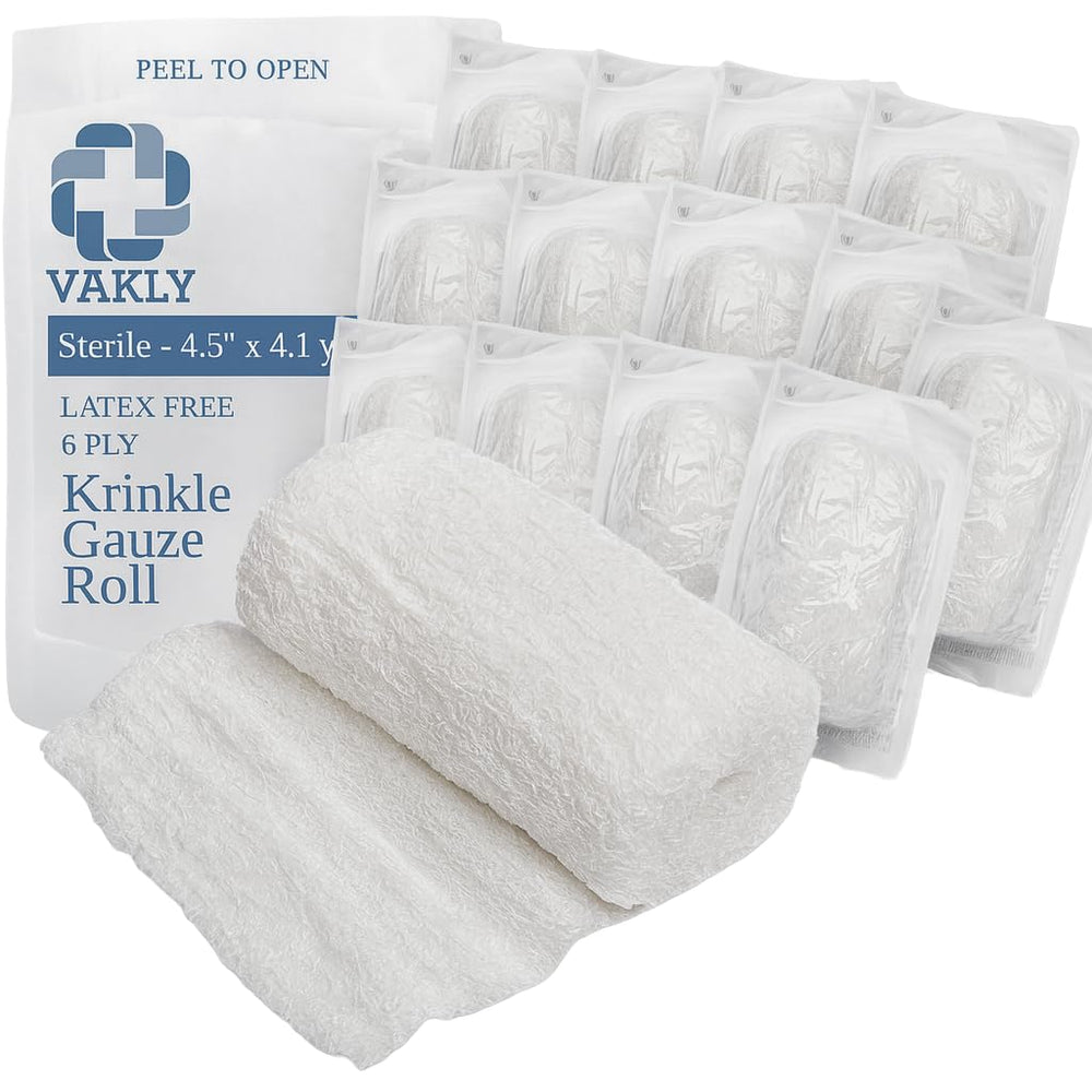 Vakly sterile Krinkle gauze roll, 6-ply, 4.5in x 4.1yds, offers strong absorbency and coverage.