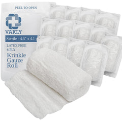 Vakly sterile Krinkle gauze roll, 6-ply, 4.5in x 4.1yds, offers strong absorbency and coverage.