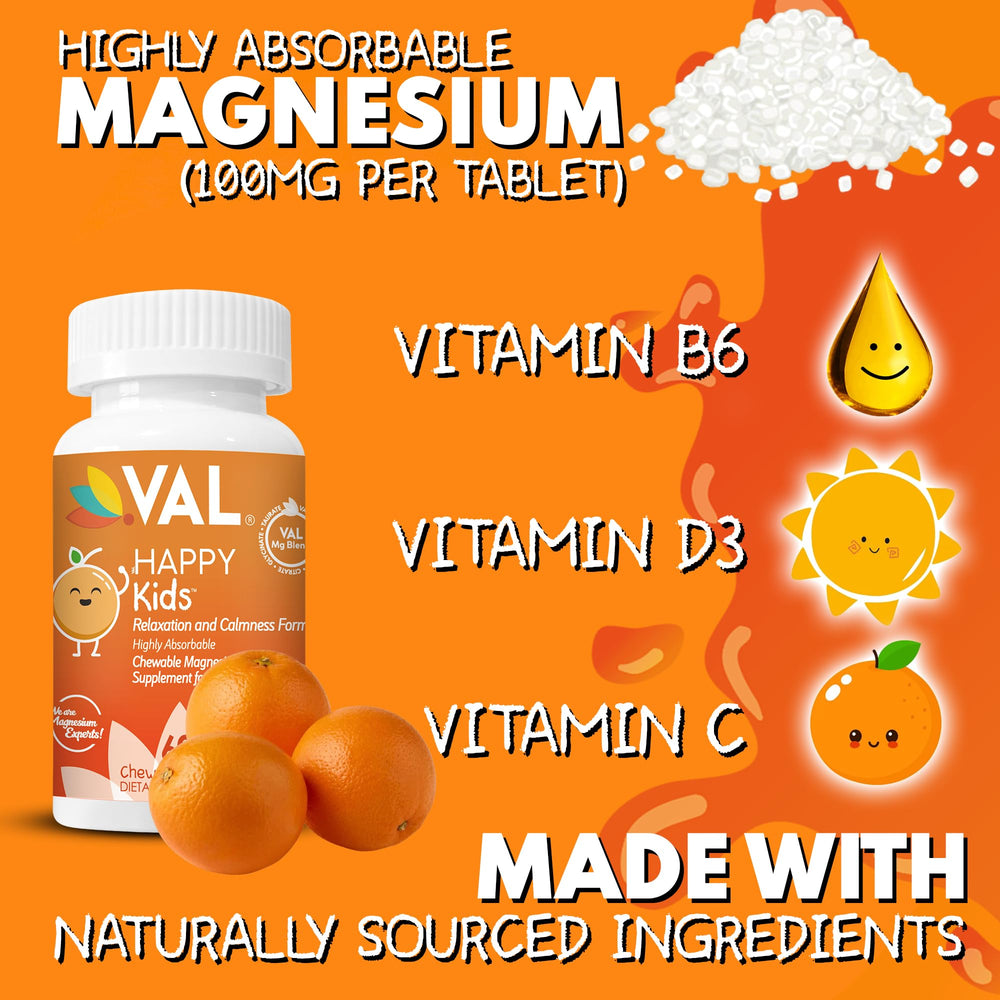 VAL Kids Magnesium includes B6, D3, and C for daily wellness support.