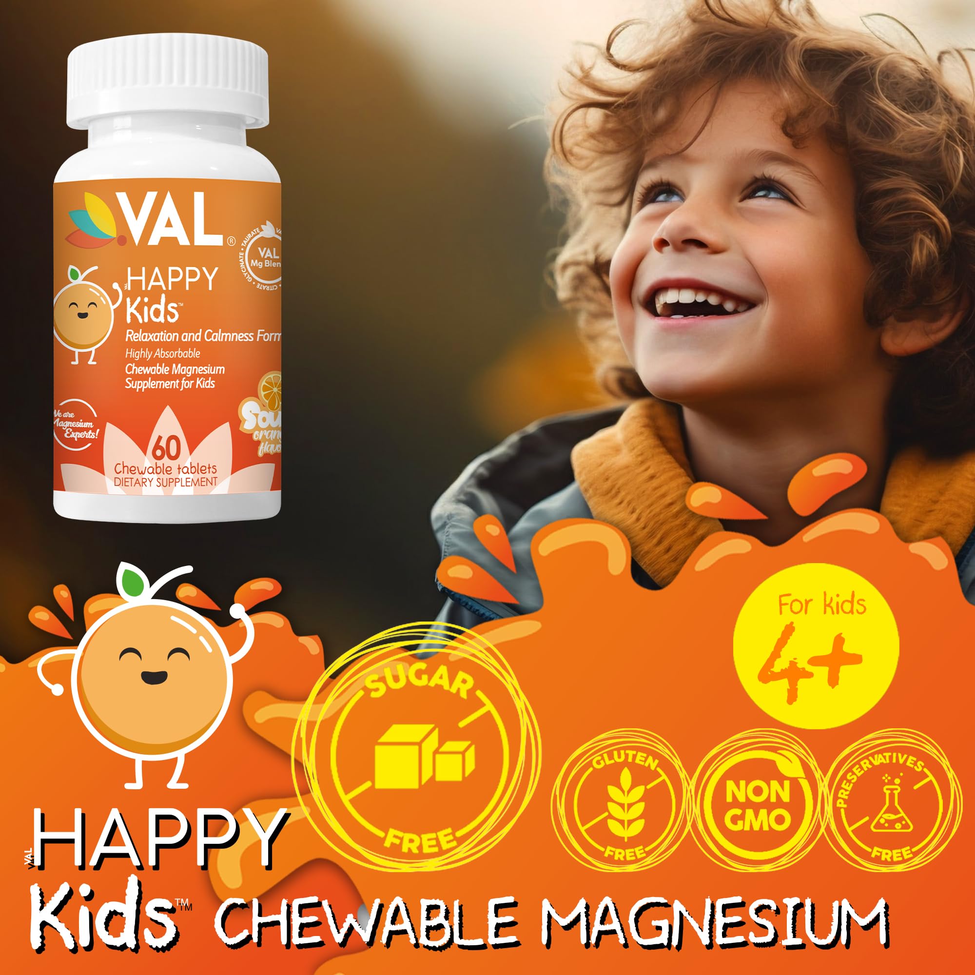 VAL Kids Magnesium orange-flavor chewables for kid-friendly supplementation.