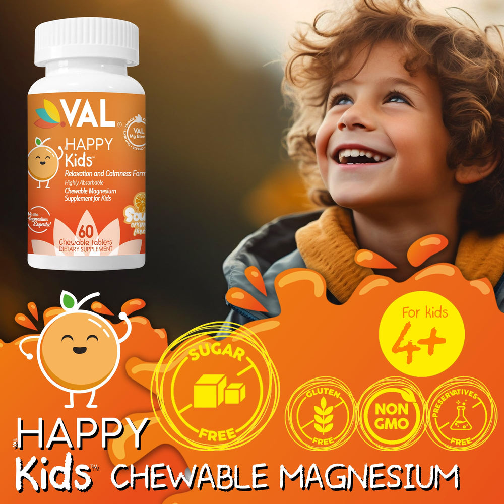 VAL Kids Magnesium orange-flavor chewables for kid-friendly supplementation.