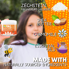 VAL Magnesium Cream for Kids being applied to a child’s arm during calming routine.