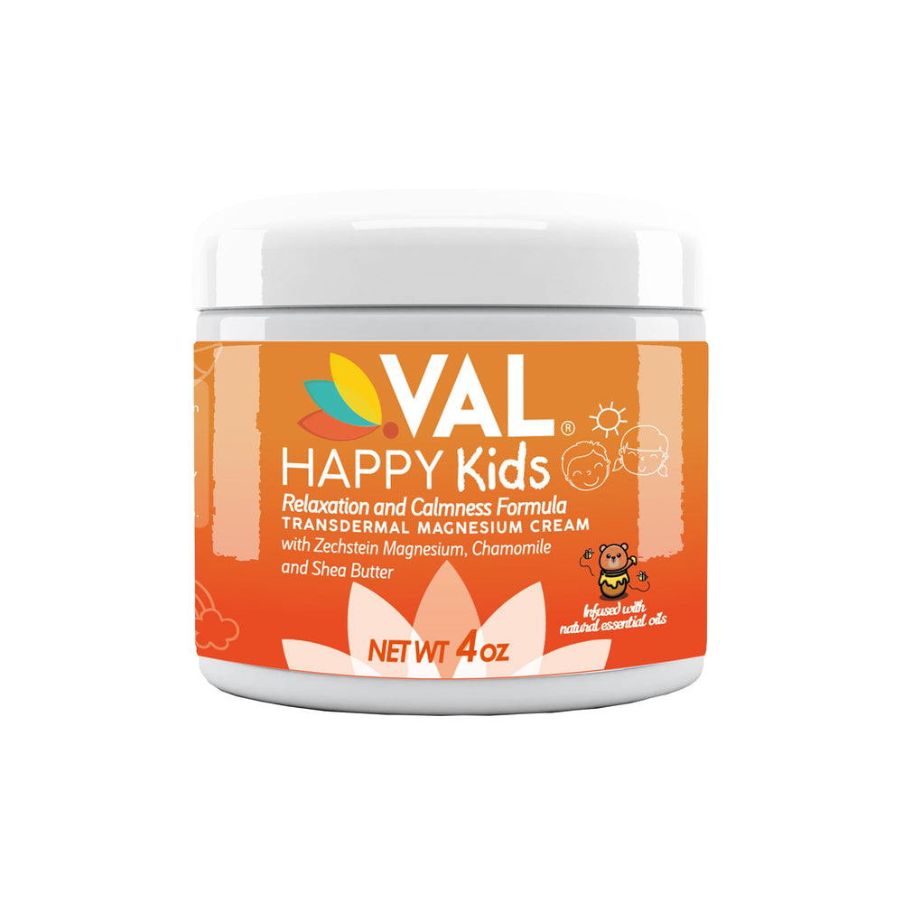 VAL Magnesium Cream for Kids bottle closeup showing gentle, fast-absorbing formula.