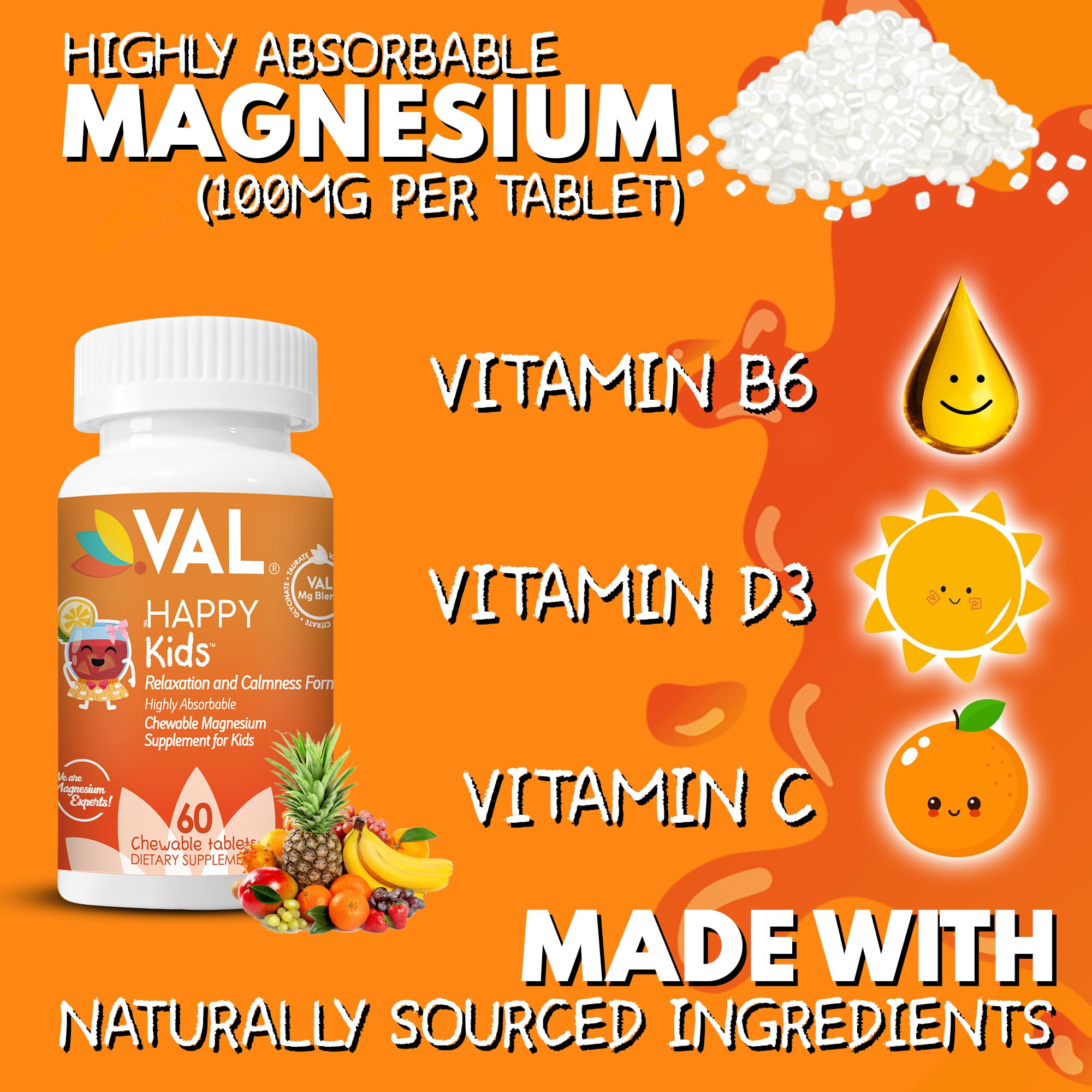 VAL Magnesium for Kids B6, D and C icons on packaging highlight key nutrients