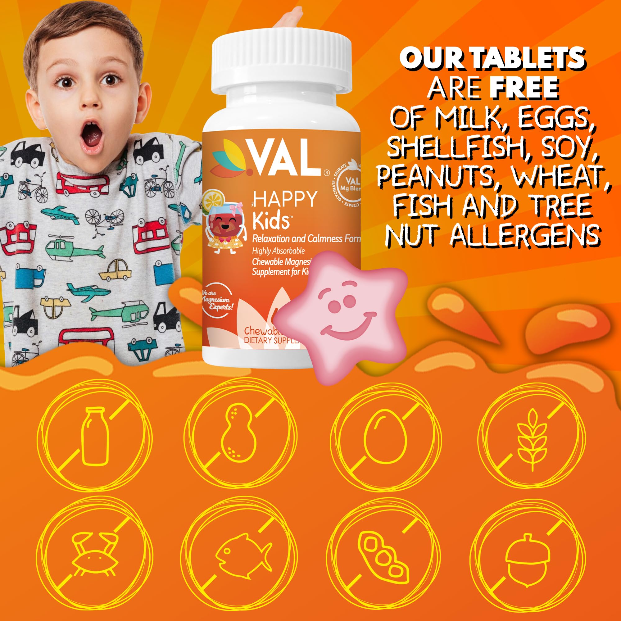 VAL Magnesium for Kids bone and muscle icons conveying daily support