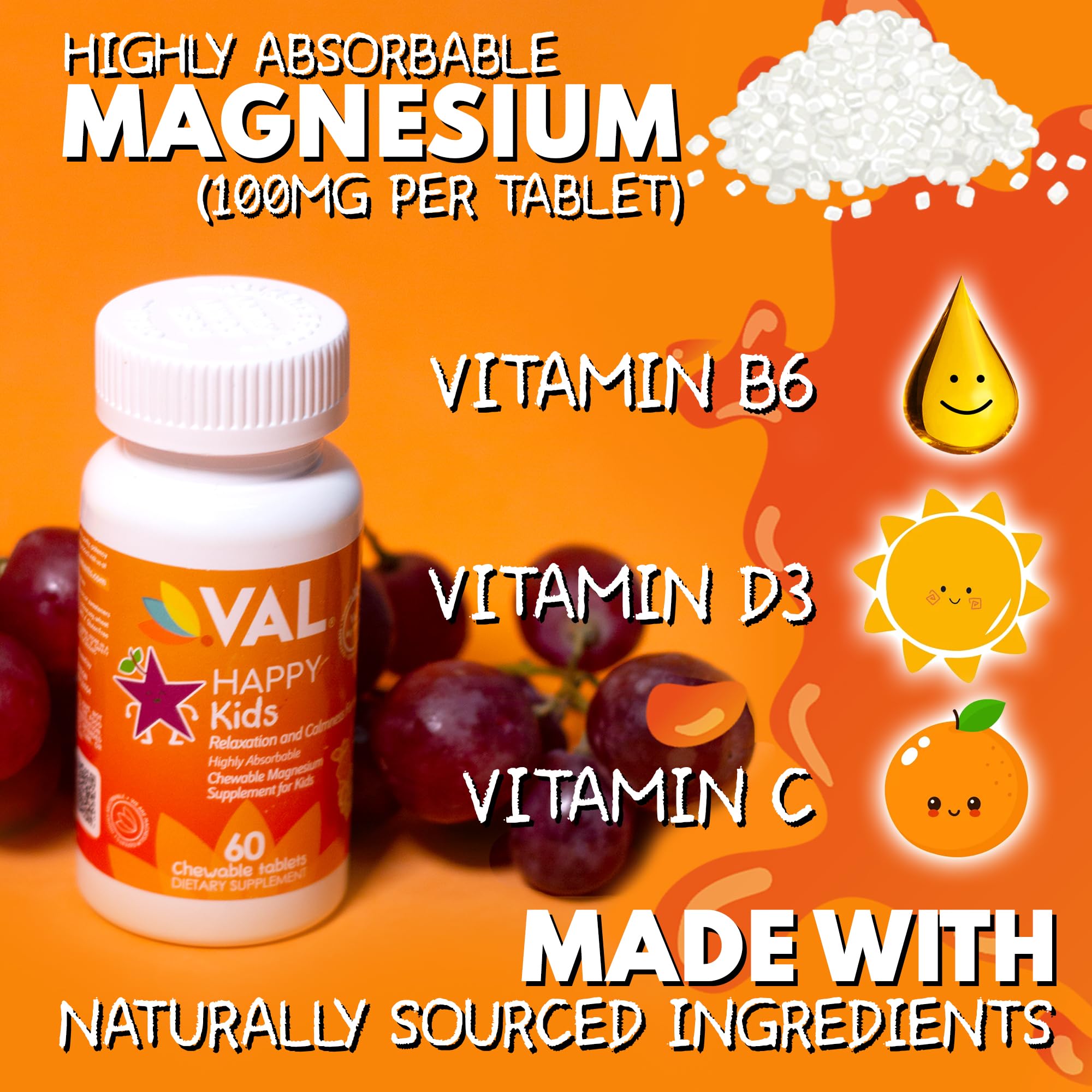 VAL Magnesium for Kids ingredients panel highlighting vitamins B6, D and C