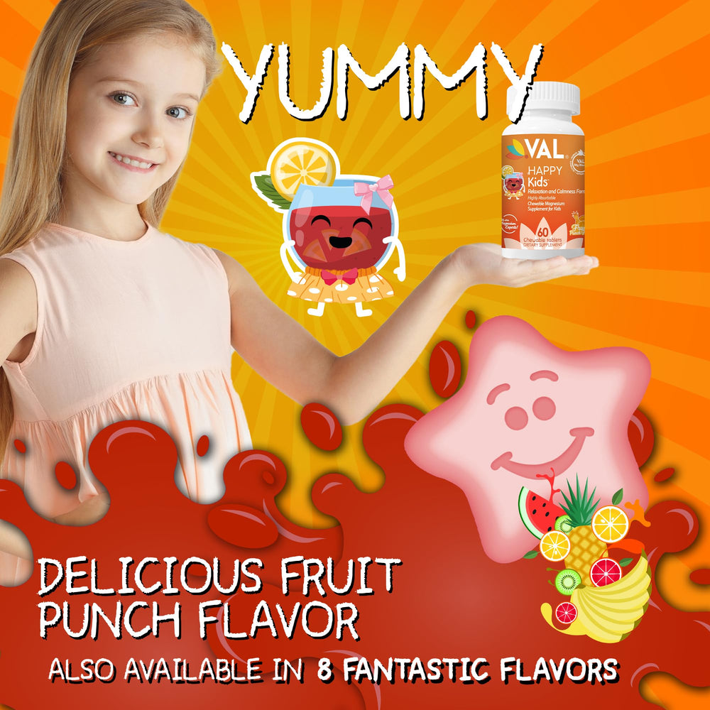 VAL Magnesium for Kids sugar-free label shines on bright packaging