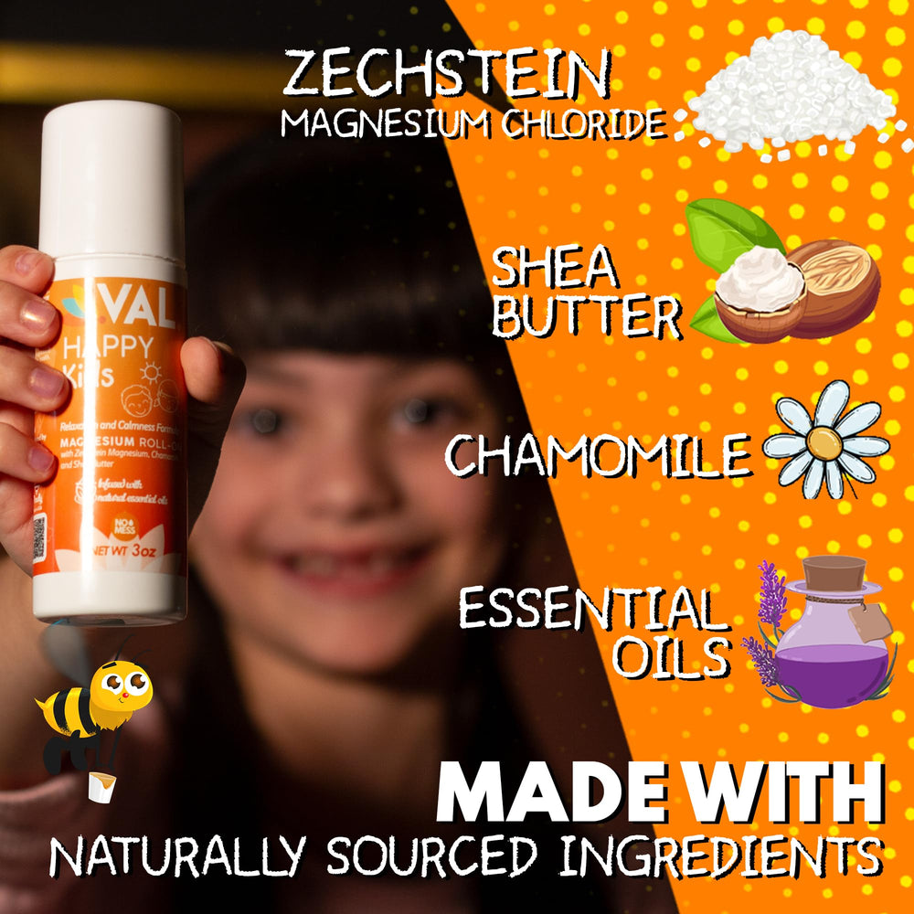 VAL Magnesium Roll-On for Kids applied between the shoulder blades for relaxation.