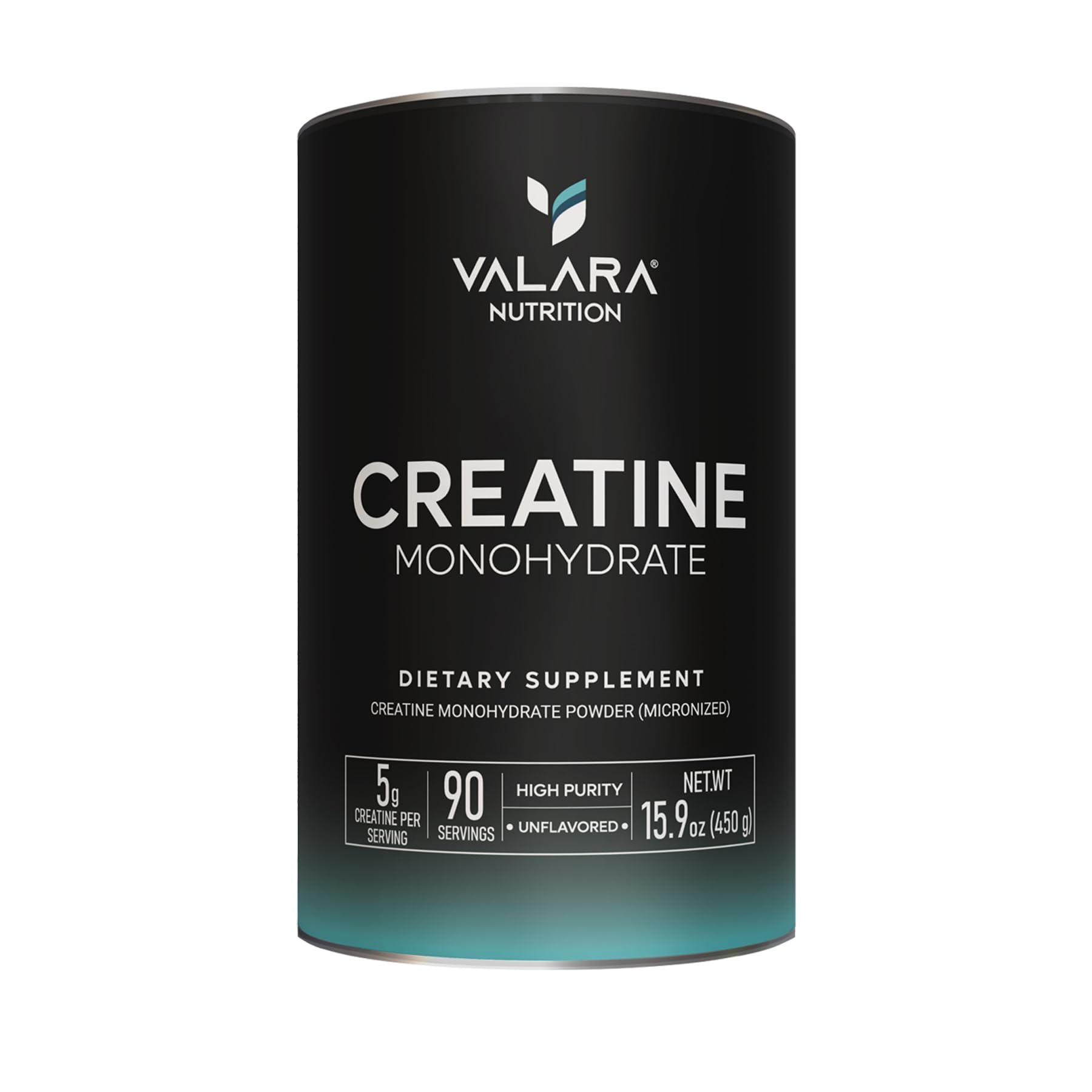 Valara creatine jar closeup showing pure micronized formula for easy mixing.