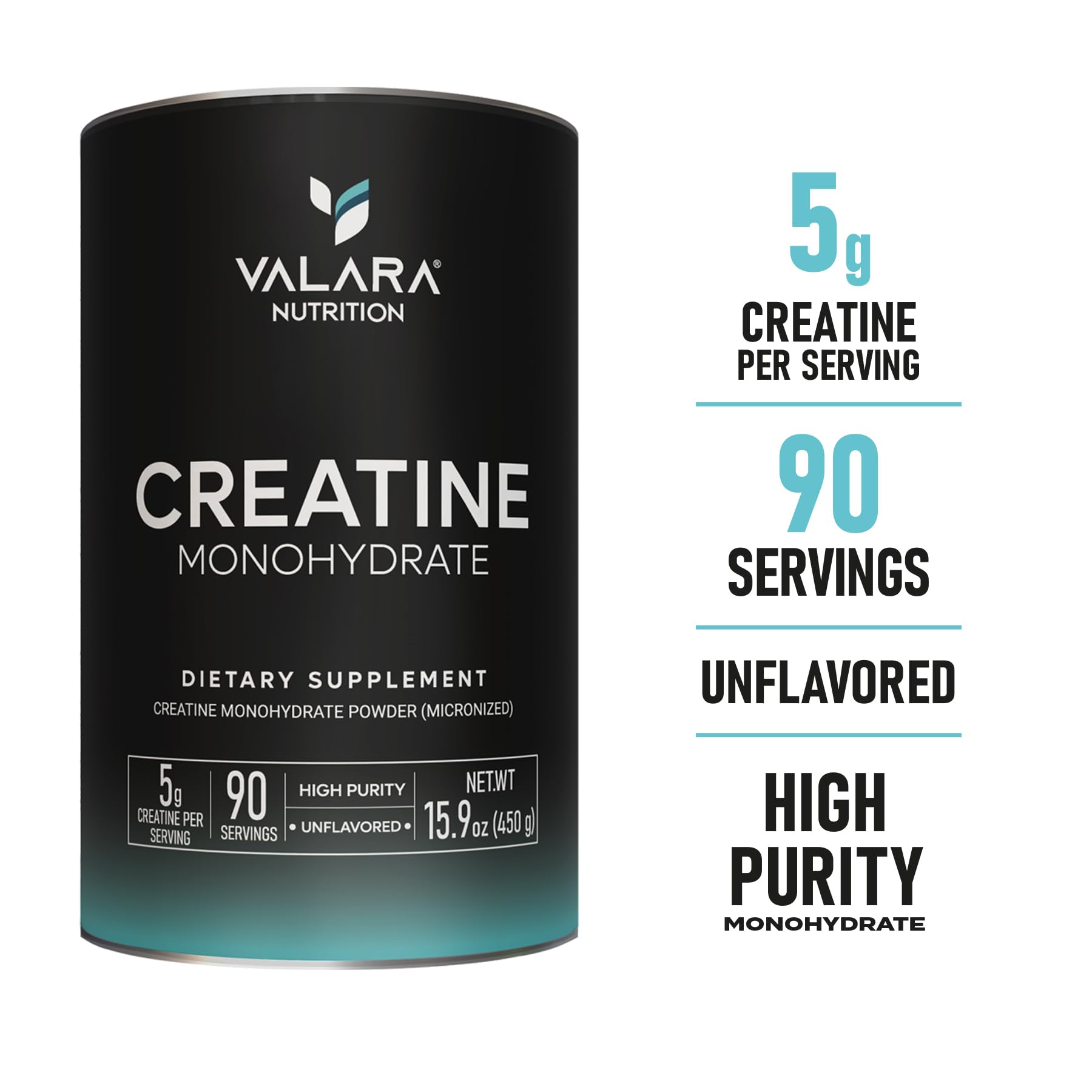 Valara creatine powder with scoop indicating 5g serving for precise dosing.