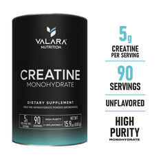 Valara creatine powder with scoop indicating 5g serving for precise dosing.