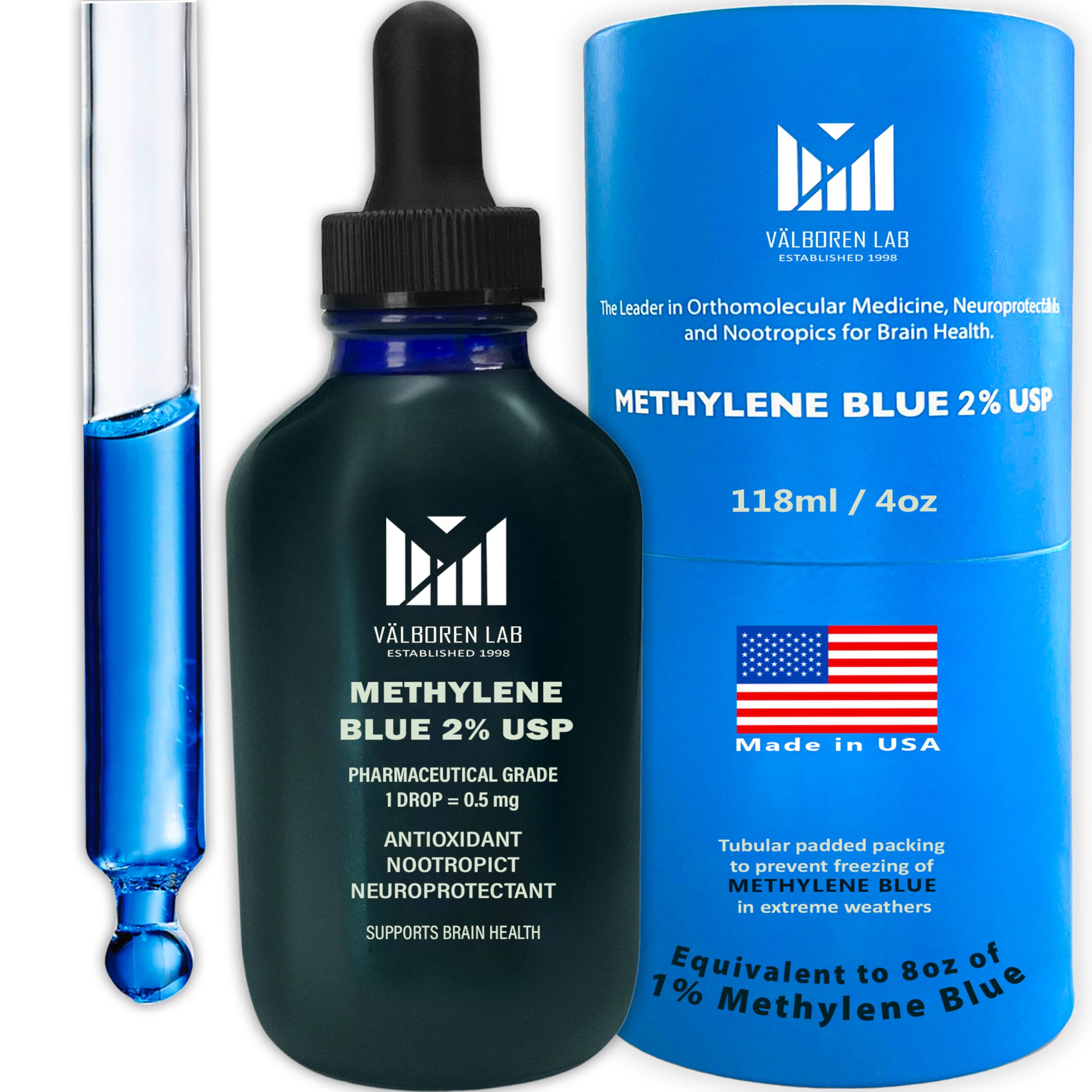 Valboren Labs 2Percent Methylene Blue bottle shows premium USP-grade supplement for consistent dosing.